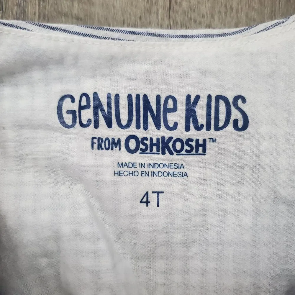 Genuine Kids OshKosh Girl Dress Size 4T Blue Gingham Patchwork Seersucker Cotton